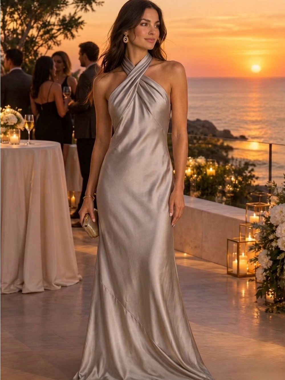 Show Me Your MuMu Jasmine Halter Gown in Dune Luxe Satin